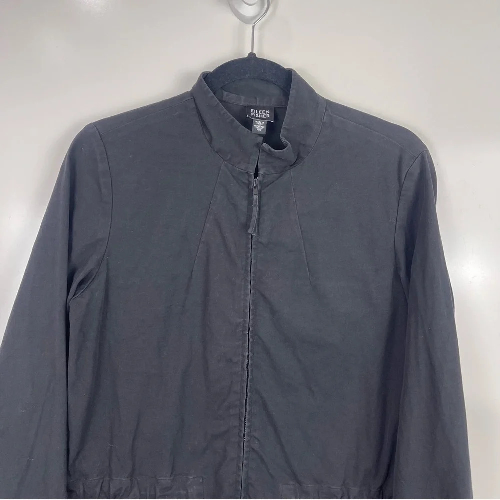 Eileen Fisher Black Cotton Zip-Up Utility Jacket Women's XS Pockets Cinch Waist - Picture 8 of 10